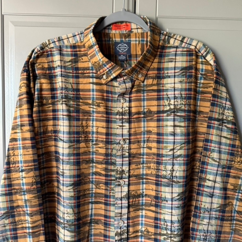 St. John's Bay Mountain Plaid Performance Button Down Shirt, Orange‎ Brown, XXL